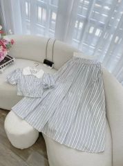 SET SỌC CARO XANH DƯƠNG ÁO SƠ MI KÈM CHÂN VÁY DÀI