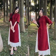 ÁO DÀI CÁCH TÂN NHUNG ĐỎ NGỌC TRAI CỔ KÈM CHÂN VÁY