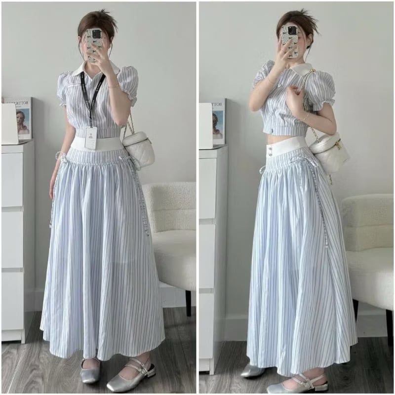 SET SỌC CARO XANH DƯƠNG ÁO SƠ MI KÈM CHÂN VÁY DÀI