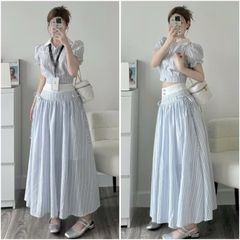 SET SỌC CARO XANH DƯƠNG ÁO SƠ MI KÈM CHÂN VÁY DÀI