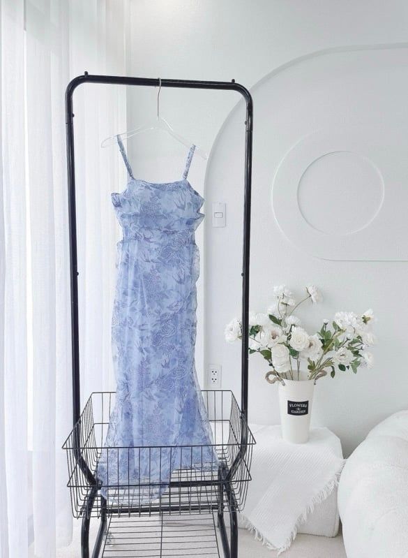 ĐẦM MIDI ĐUÔI CÁ HOA XANH 2 DÂY