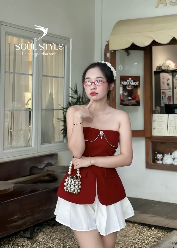 [TAG HOA NGỌC TRAI] SET ÁO CÚP NHUNG ĐỎ VIỀN REN TRẮNG KÈM CV XOÈ BỐ TRẮNG