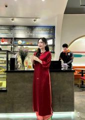 SET ÁO DÀI GẤM HOA CHÌM KHÔNG CỔ