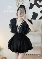 SET VOAN TƠ CỔ V ĐÍNH HOẠ TIẾT BẠC KÈM CHÂN VÁY TẦNG BO CHUN