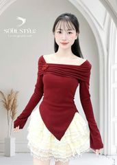 SET ÁO THUN GÂN LỆCH VAI DÀI TAY PHỐI CHÂN VÁY VOAN TƠ TẦNG