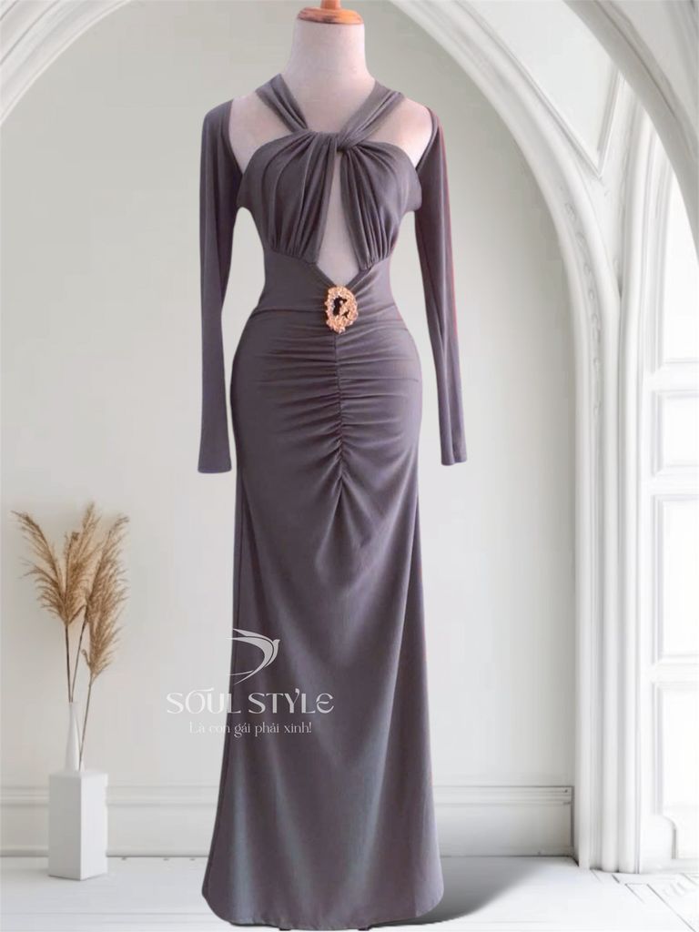 (NT) [KÈM CHARM] ĐẦM THUN BODY CỔ YẾM DÀI TAY KHOÉT HỞ SEXY