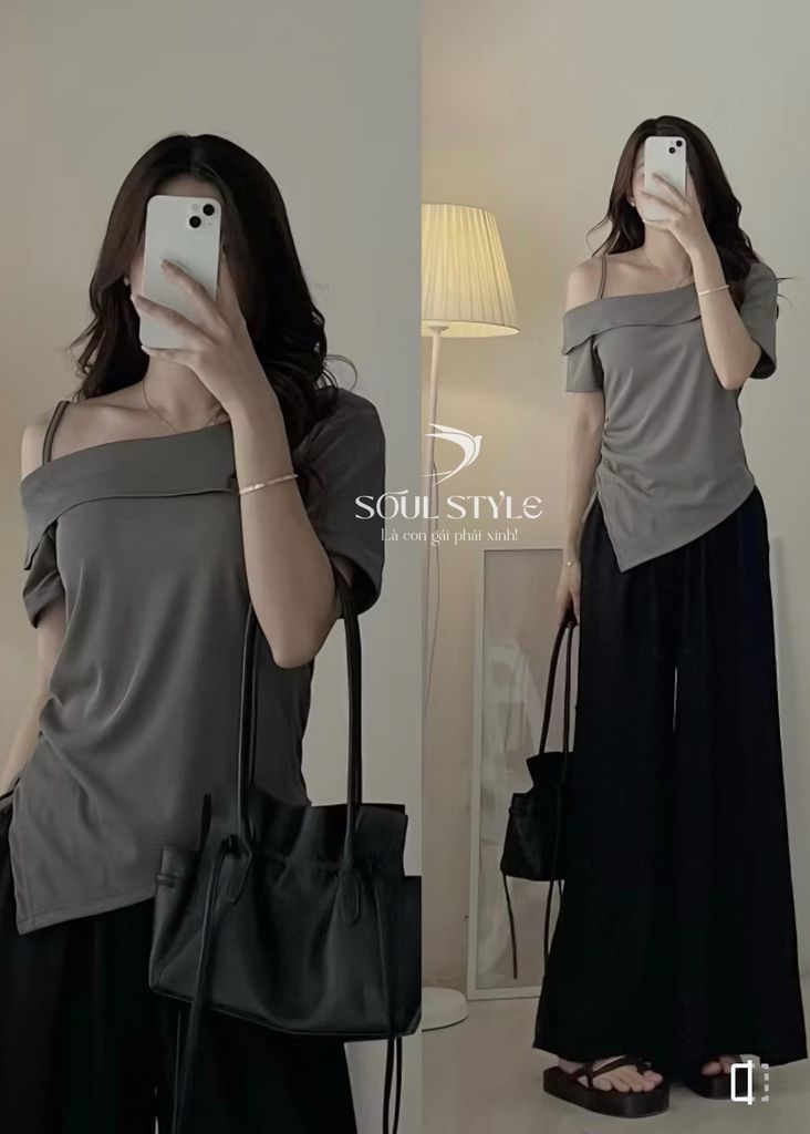 ÁO THUN KIỂU VẠT NHỌN RÚT EO LỆCH VAI CÓ DÂY