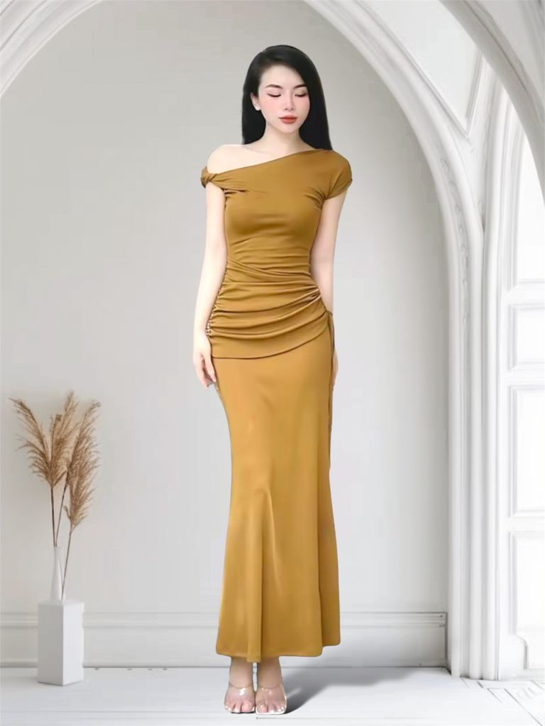 (NT) ĐẦM BODY DÀI XOẮN VAI LỆCH ĐUÔI CÁ NHÚN EO CHE KHUYẾT ĐIỂM