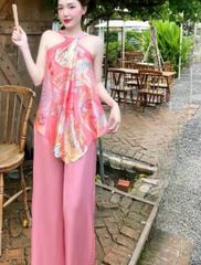 SET ÁO YẾM XOẮN CỔ LỤA BÓNG SATIN HOA VĂN PHỐI QUẦN TRƠN