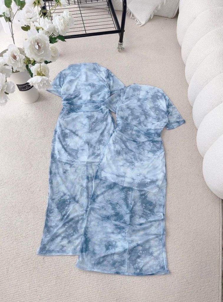 ĐẦM MIDI BODY LƯỚI LOANG MÀU XANH