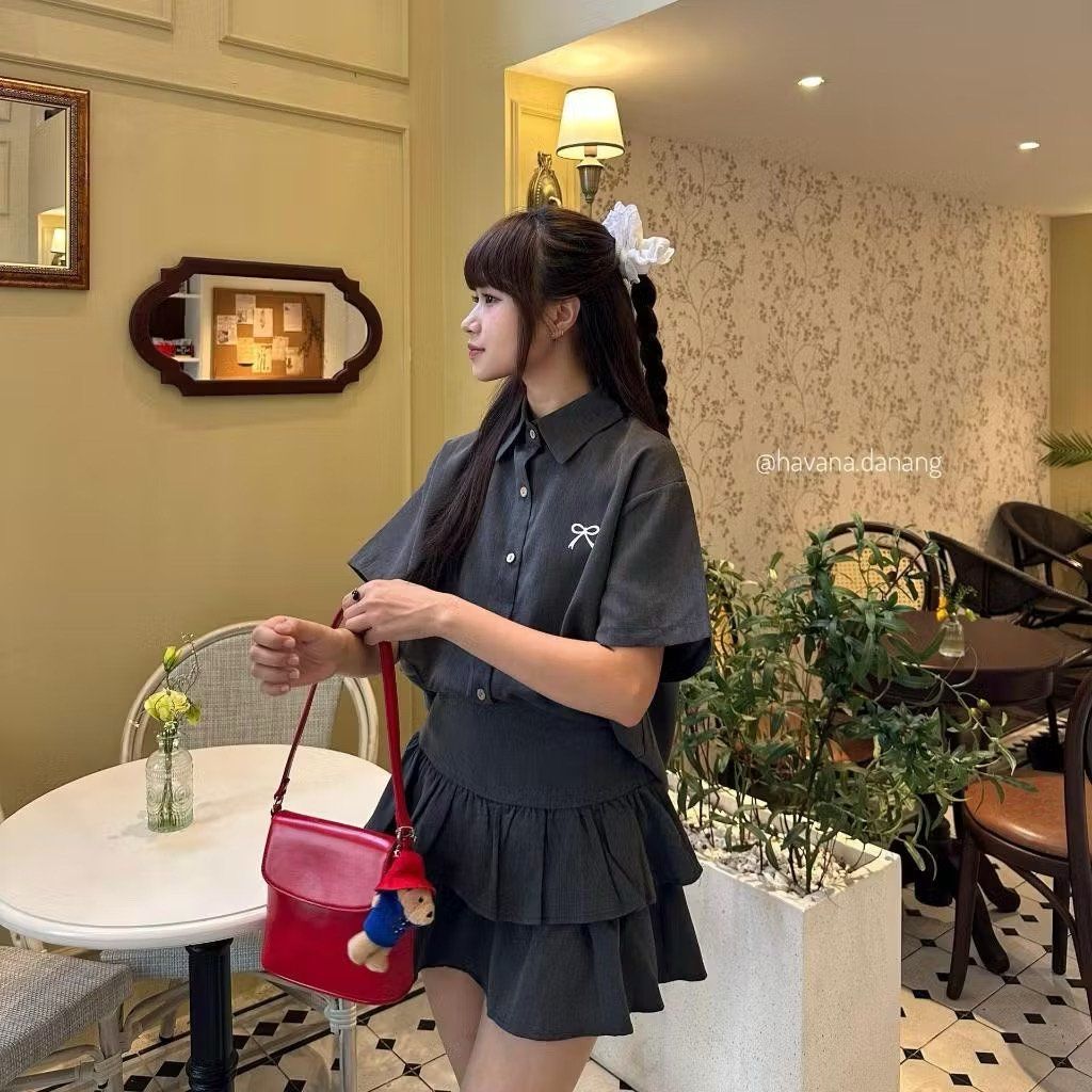 SET ÁO SƠ MI THÊU NƠ NHỎ KÈM CHÂN VÁY 2 TẦNG