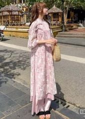 SET ÁO DÀI CÁCH TÂN VOAN TƠ BẠCH VŨ IN HOA PHỐI NƠ ĐÔI QUẦN SATIN BÓNG
