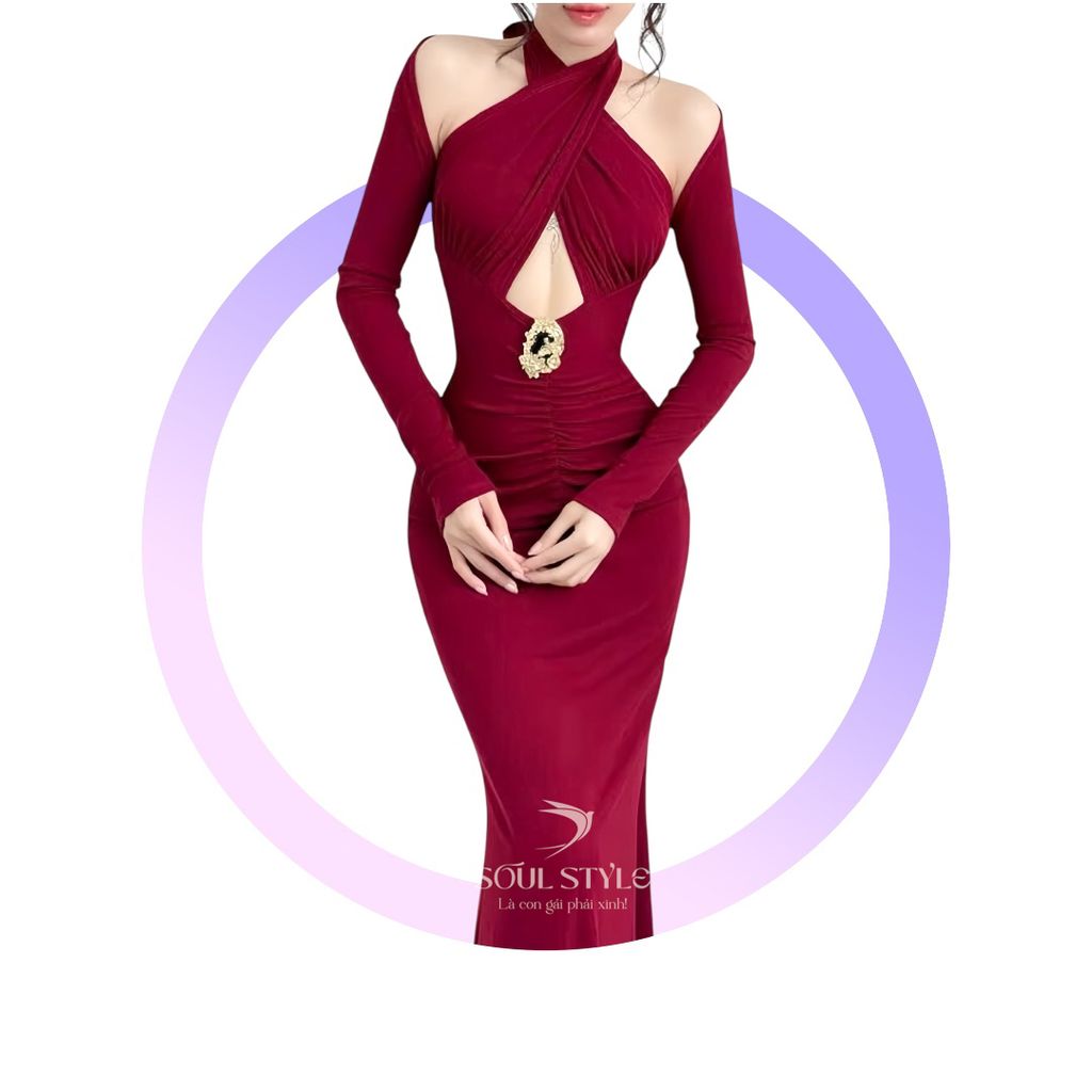 (NT) [KÈM CHARM] ĐẦM THUN BODY CỔ YẾM DÀI TAY KHOÉT HỞ SEXY
