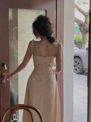 ĐẦM LỤA MIDI HAI DÂY KHOÉT EO DÁNG DÀI