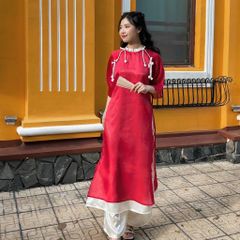 ÁO DÀI CÁCH TÂN ĐỎ NƠ TRẮNG CỔ BÈO