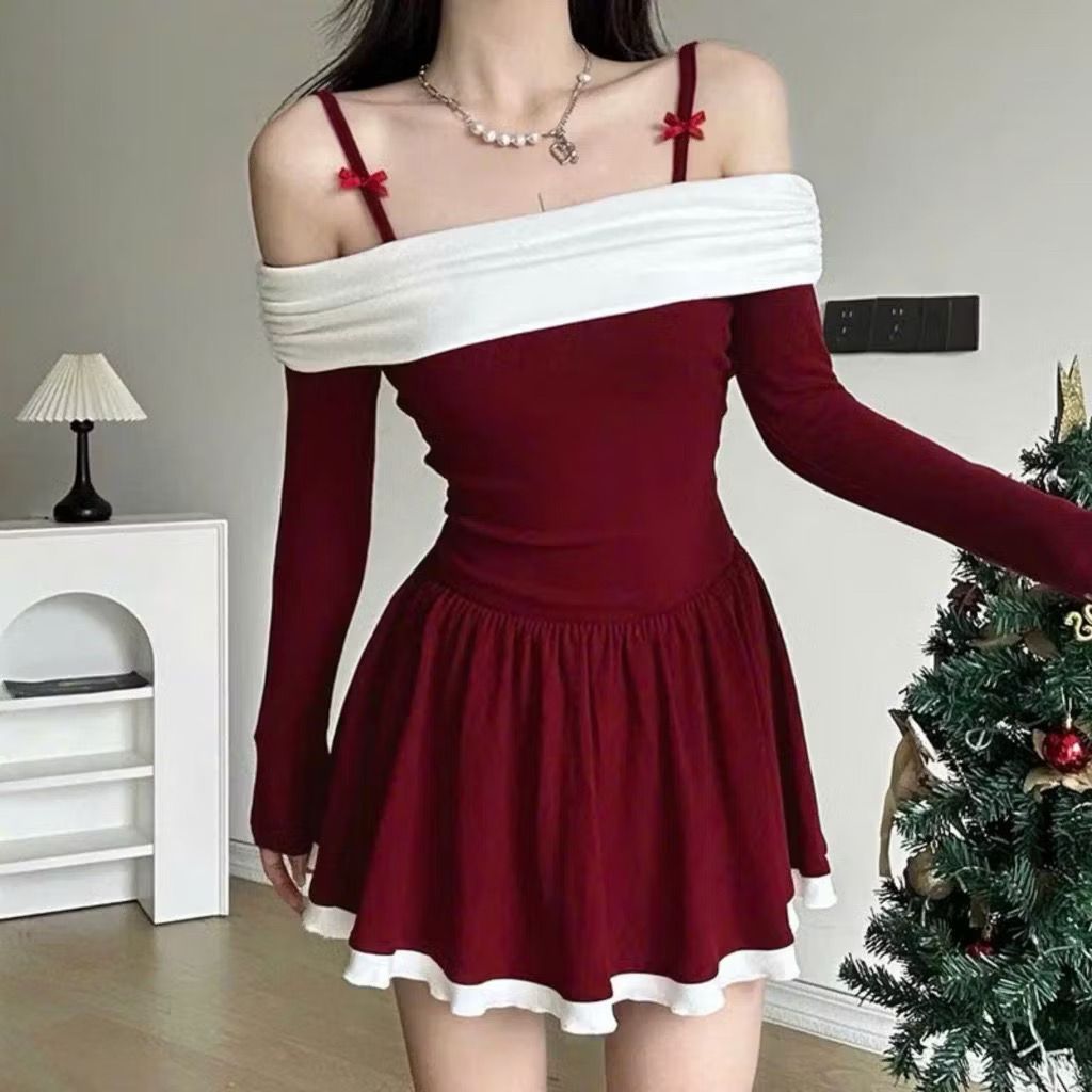 ĐẦM ĐỎ XÒE BODY TAY DÀI 2 DÂY ĐÍNH NƠ PHỐI BẸT VAI TRẮNG