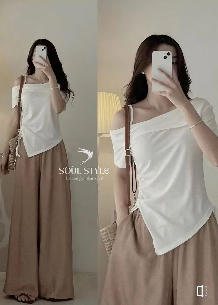 ÁO THUN KIỂU VẠT NHỌN RÚT EO LỆCH VAI CÓ DÂY