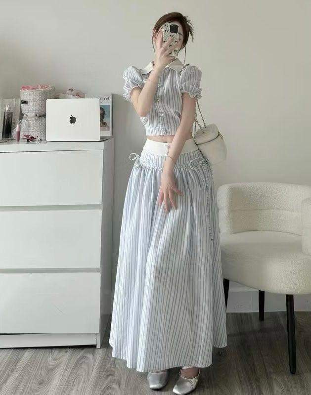 SET SỌC CARO XANH DƯƠNG ÁO SƠ MI KÈM CHÂN VÁY DÀI