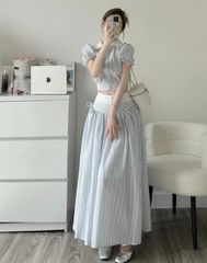 SET SỌC CARO XANH DƯƠNG ÁO SƠ MI KÈM CHÂN VÁY DÀI