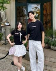 ÁO THUN BABYTEE THÊU CHỮ BABY CỘT NƠ HỒNG