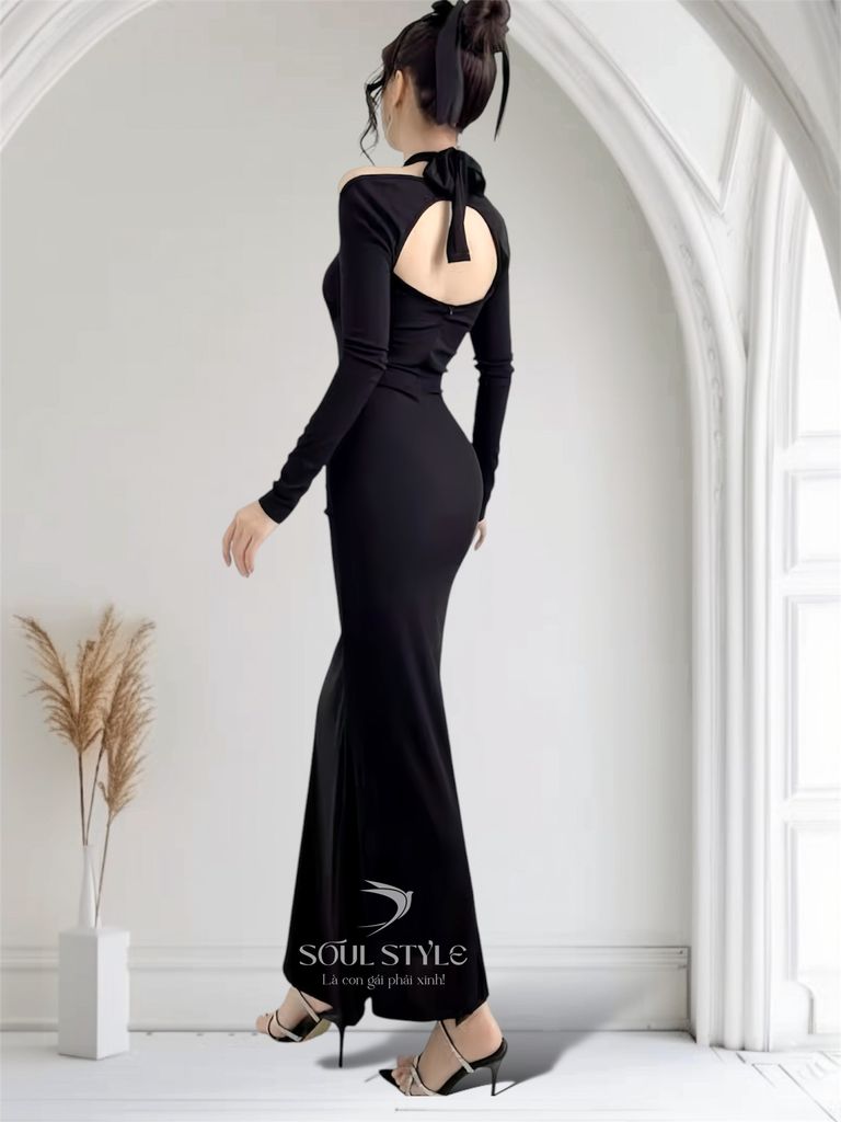 (NT) [KÈM CHARM] ĐẦM THUN BODY CỔ YẾM DÀI TAY KHOÉT HỞ SEXY
