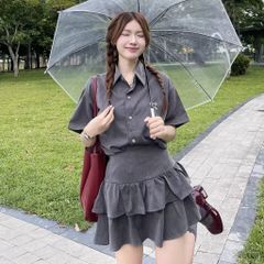 SET ÁO SƠ MI THÊU NƠ NHỎ KÈM CHÂN VÁY 2 TẦNG