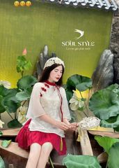 SET ÁO VOAN TƠ KEM THÊU HOA CHÌM PHỐI VIỀN ĐỎ KÈM CHÂN VÁY XOÈ ĐỎ