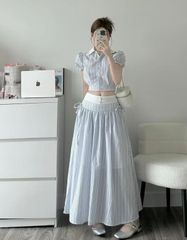 SET SỌC CARO XANH DƯƠNG ÁO SƠ MI KÈM CHÂN VÁY DÀI