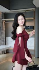 ĐẦM XÒE LỆCH VAI BUỘC NƠ KÈM TAG NƠ