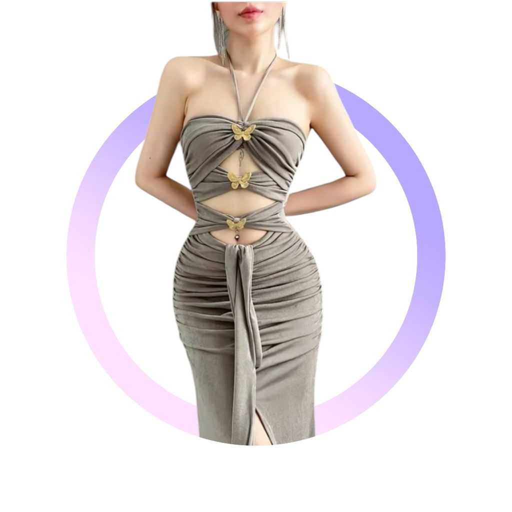(NT) [3 TAG BƯỚM] ĐẦM THUN BODY CUP NGỰC CỘT CỔ KHOÉT HỞ SEXY