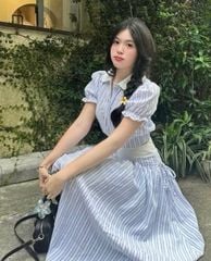 SET SỌC CARO XANH DƯƠNG ÁO SƠ MI KÈM CHÂN VÁY DÀI