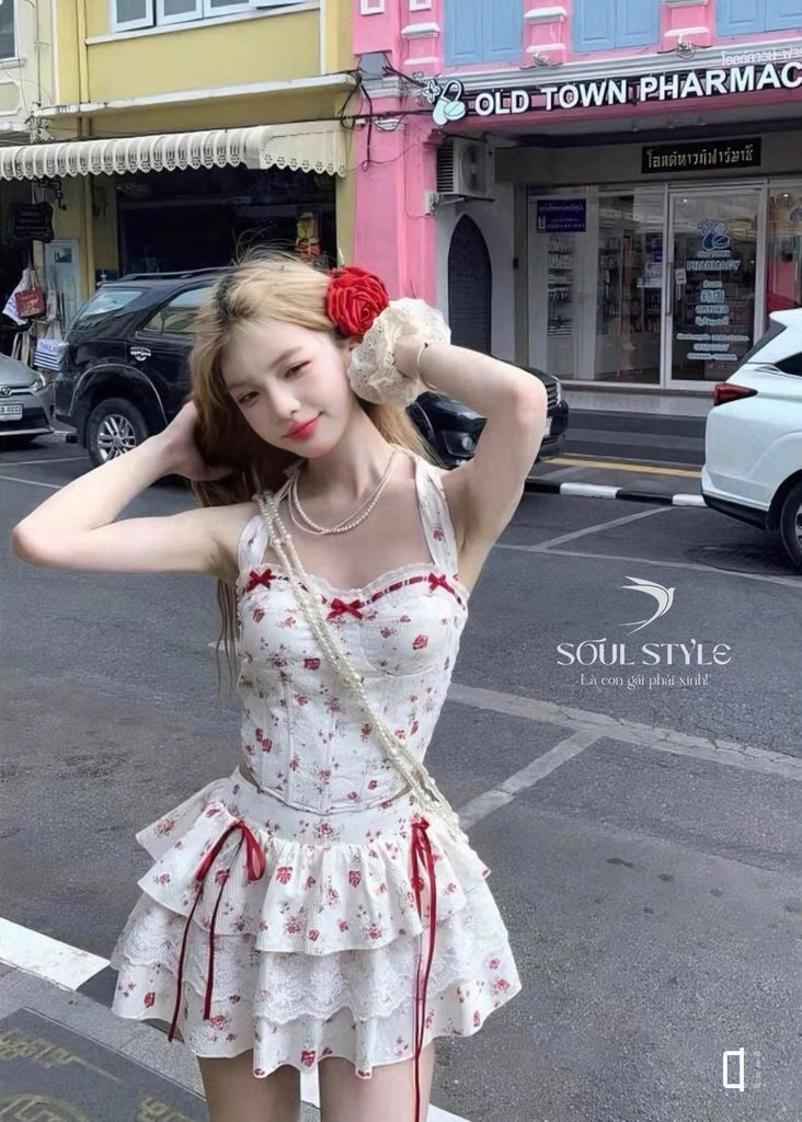 SET HOA ĐỎ ÁO CROPTOP PHỐI NƠ KÈM CHÂN VÁY TẦNG XOÈ NGẮN
