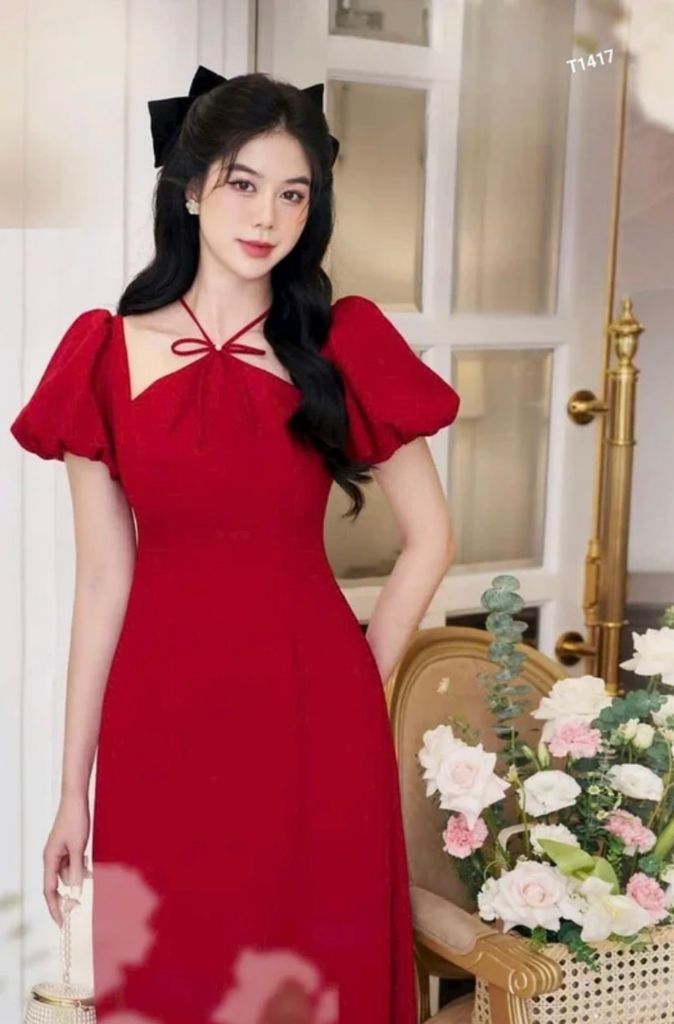 SET ÁO DÀI ĐỎ CỔ YẾM NƠ CỔ FREE SIZE KÈM QUẦN ỐNG SUÔNG