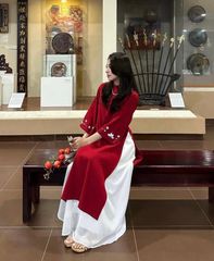 SET ÁO DÀI NHUNG THÊU HOA CỔ VÀ TAY KÈM CHÂN VÁY VOAN TƠ
