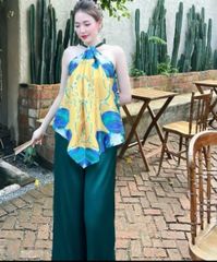 SET ÁO YẾM XOẮN CỔ LỤA BÓNG SATIN HOA VĂN PHỐI QUẦN TRƠN