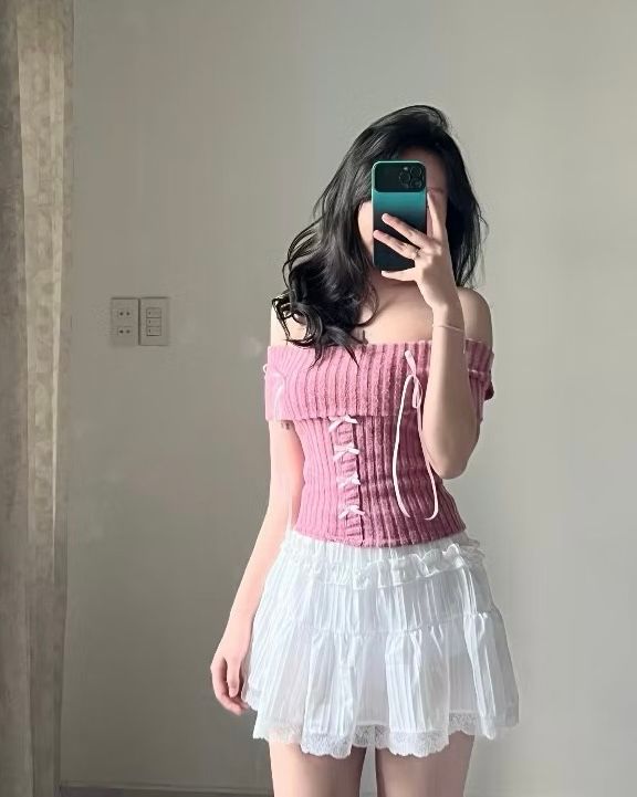 ÁO LEN CROPTOP BẸT VAI ĐÍNH NƠ