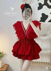 SET VOAN TƠ CỔ V ĐÍNH HOẠ TIẾT BẠC KÈM CHÂN VÁY TẦNG BO CHUN