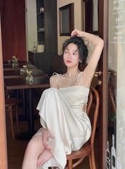 ĐẦM LỤA MIDI HAI DÂY KHOÉT EO DÁNG DÀI