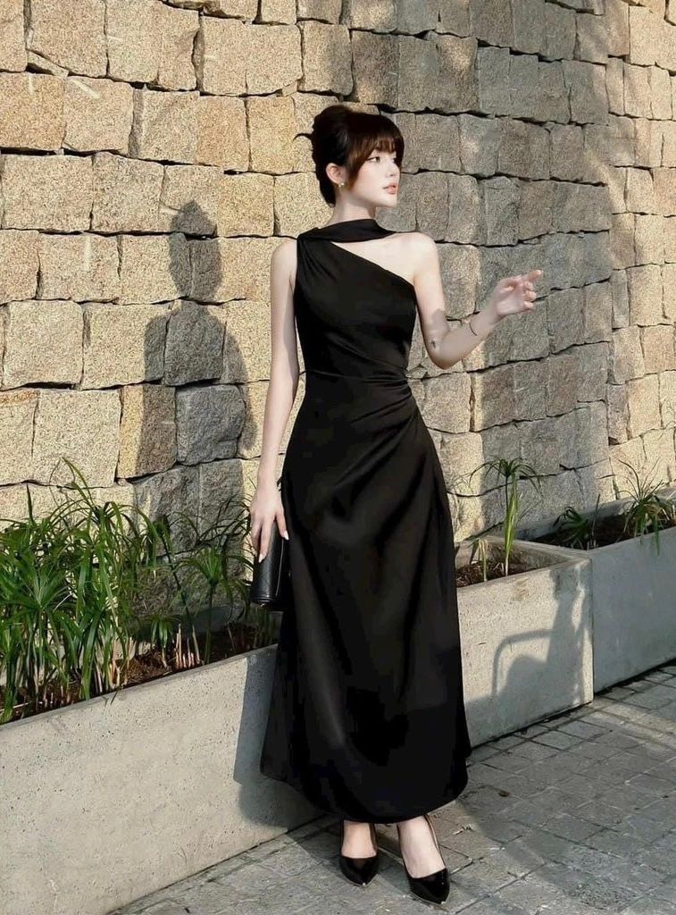 (NT) ĐẦM LỤA SATIN LỆCH VAI KÈM DÂY CỔ NHÚN EO