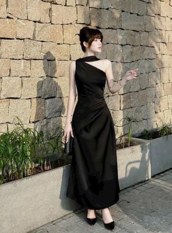 (NT) ĐẦM LỤA SATIN LỆCH VAI KÈM DÂY CỔ NHÚN EO