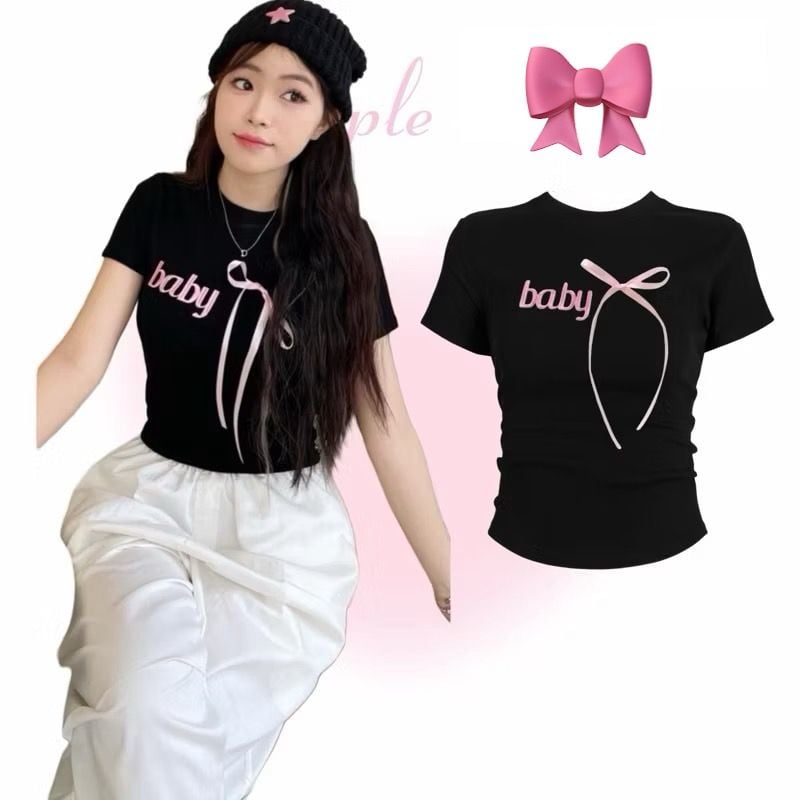 ÁO THUN BABYTEE THÊU CHỮ BABY CỘT NƠ HỒNG