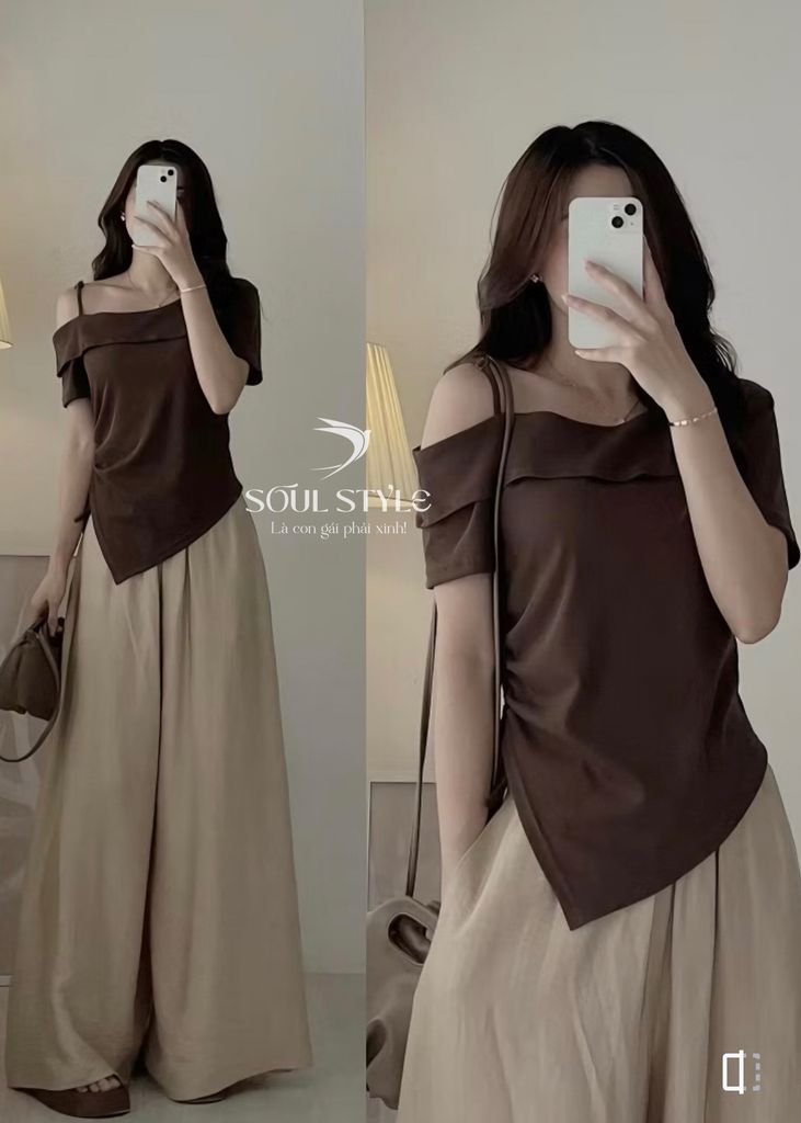 ÁO THUN KIỂU VẠT NHỌN RÚT EO LỆCH VAI CÓ DÂY