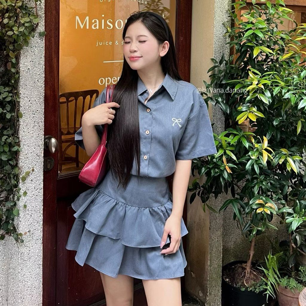 SET ÁO SƠ MI THÊU NƠ NHỎ KÈM CHÂN VÁY 2 TẦNG