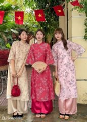 SET ÁO DÀI CÁCH TÂN VOAN TƠ 4 TÀ HỌA TIẾT HOA D.BỤT TAY LOE BUỘC NƠ