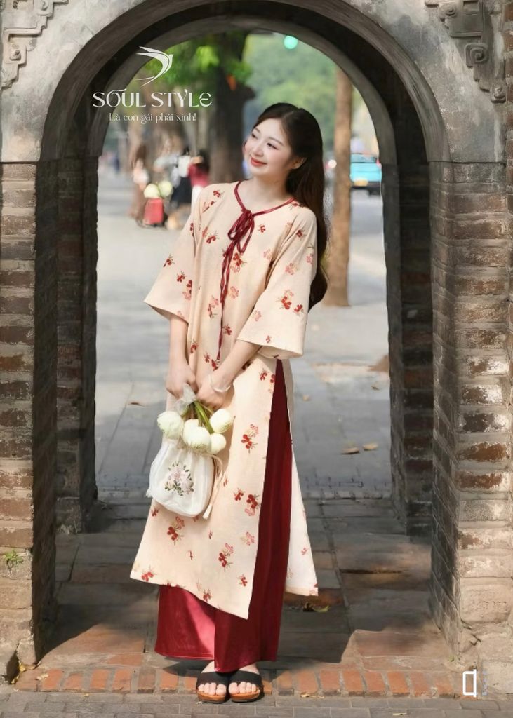 SET ÁO DÀI NHUNG TĂM HOA NHÍ