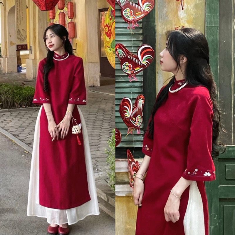 SET ÁO DÀI NHUNG THÊU HOA CỔ VÀ TAY KÈM CHÂN VÁY VOAN TƠ