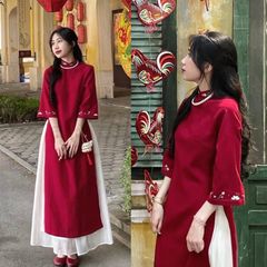 SET ÁO DÀI NHUNG THÊU HOA CỔ VÀ TAY KÈM CHÂN VÁY VOAN TƠ