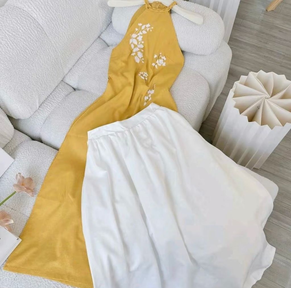 SET ÁO DÀI CÁCH TÂN CỔ YẾM KÈM QUẦN ỐNG RỘNG CỰC ĐẸP