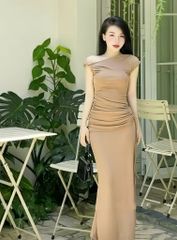 (NT) ĐẦM BODY DÀI XOẮN VAI LỆCH ĐUÔI CÁ NHÚN EO CHE KHUYẾT ĐIỂM