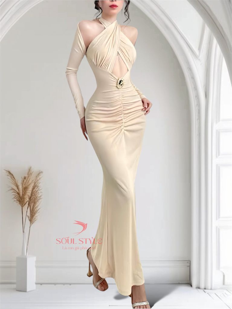 (NT) [KÈM CHARM] ĐẦM THUN BODY CỔ YẾM DÀI TAY KHOÉT HỞ SEXY